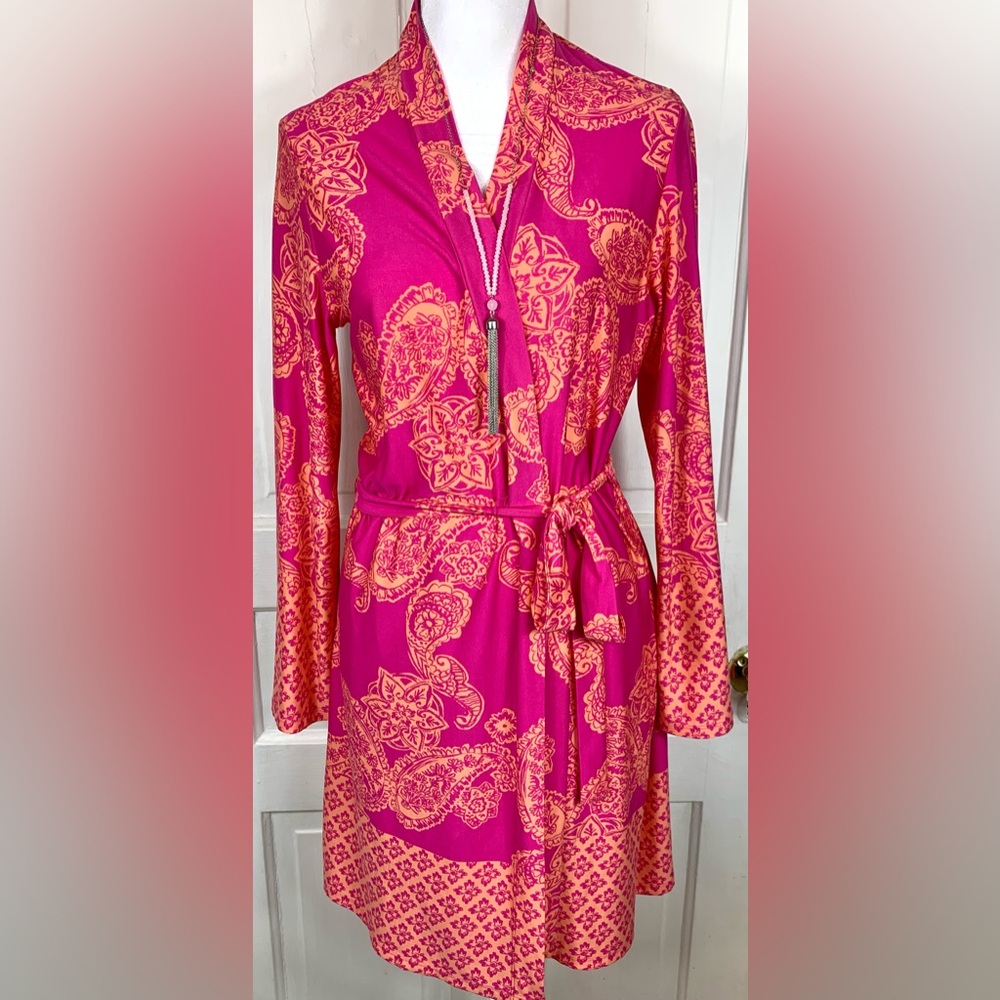 Linea Donatella Paisley Print Orange and Pink Light Robe w/ Belt and Inside Tie
